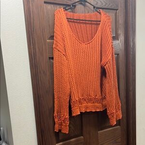SHEIN Orange Crew Neck Sweater with Ribbed Knit